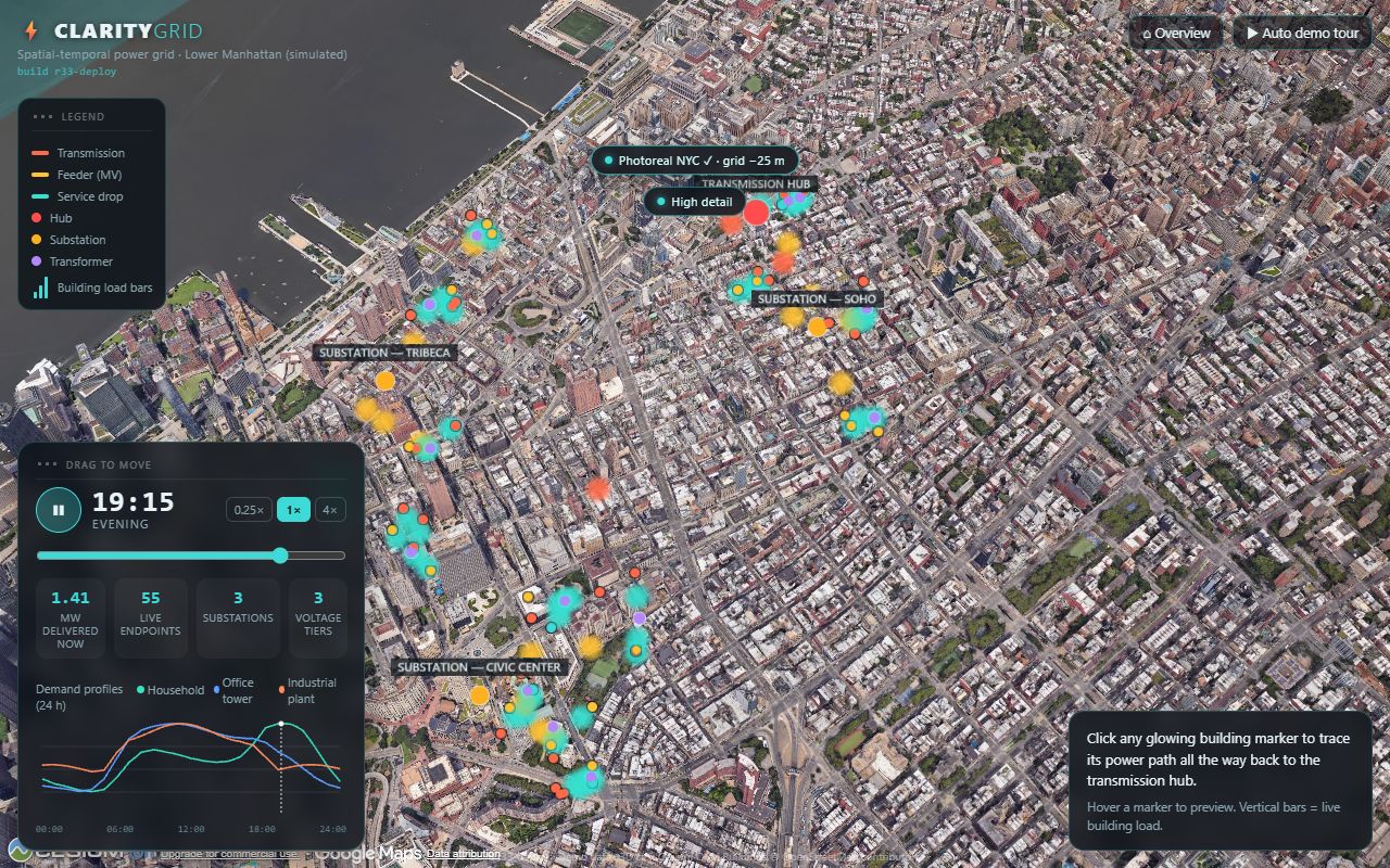 ClarityGrid — Substation-to-Home Power Flow Digital Twin — live interface